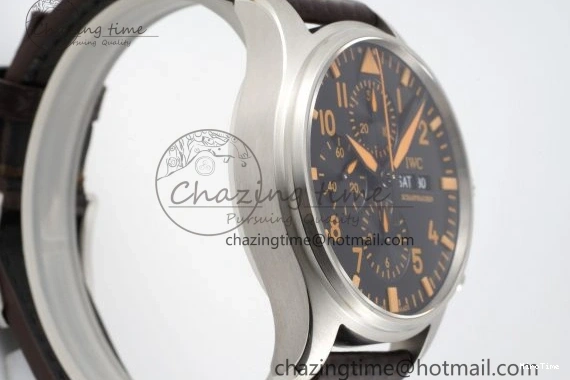 MIROTIME 0509 Pilot Chrono SS AZF 1:1 Best Edition Black Dial Orange Markers on Brown Leather Strap A EasyCare 7065